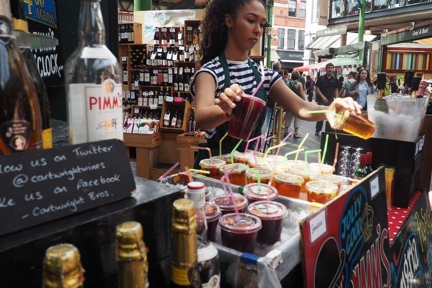 A selection of sangria and Pimm's Cups from the Cartwright Brothers stand at Borough Market in London.