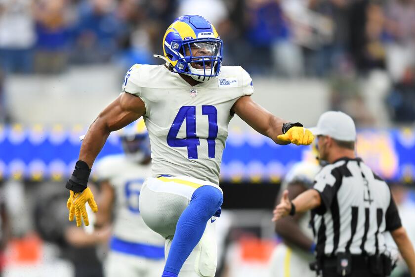 Inglewood, CA. September 26, 2021: Rams linebacker Kenny Young celebrates.