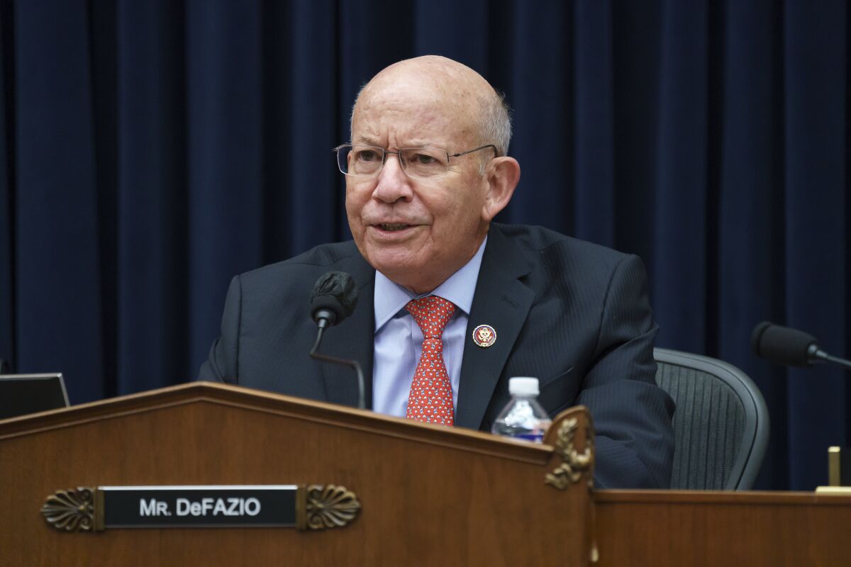 FILE - Rep. Peter DeFazio, D-Ore., chairman of the House Transportation and Infrastructure Committee, gavels in his panel to work on the reconciliation markup, part of President Joe Biden's $3.5 trillion domestic rebuilding plan, at the Capitol in Washington, on Sept. 14, 2021. DeFazio, the longest serving U.S. House member in Oregon's history, said Wednesday, Dec. 1, 2021, that he won't seek reelection. (AP Photo/J. Scott Applewhite, File)