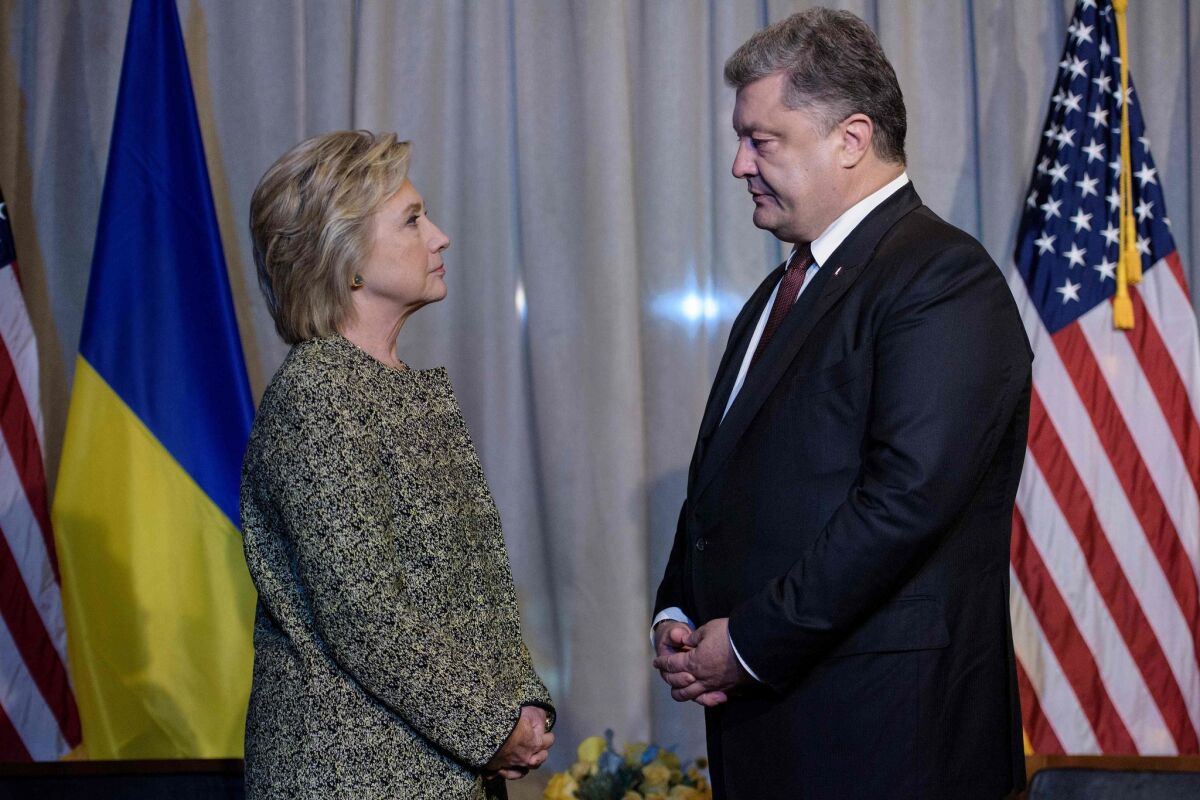 Hillary Clinton meets with Ukrainian President Petro Poroshenko on Monday.