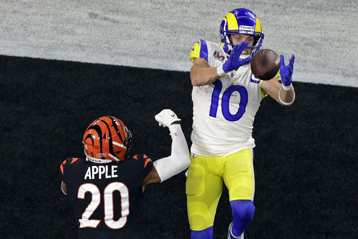 Rams wide receiver Cooper Kupp makes a touchdown catch in front of Cincinnati Bengals cornerback Eli Apple.