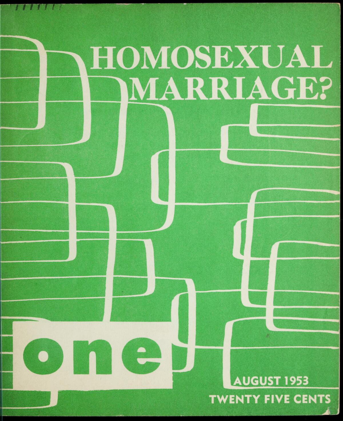 A vintage magazine cover shows a geometric pattern against a green background and the words "Homosexual Marriage?"