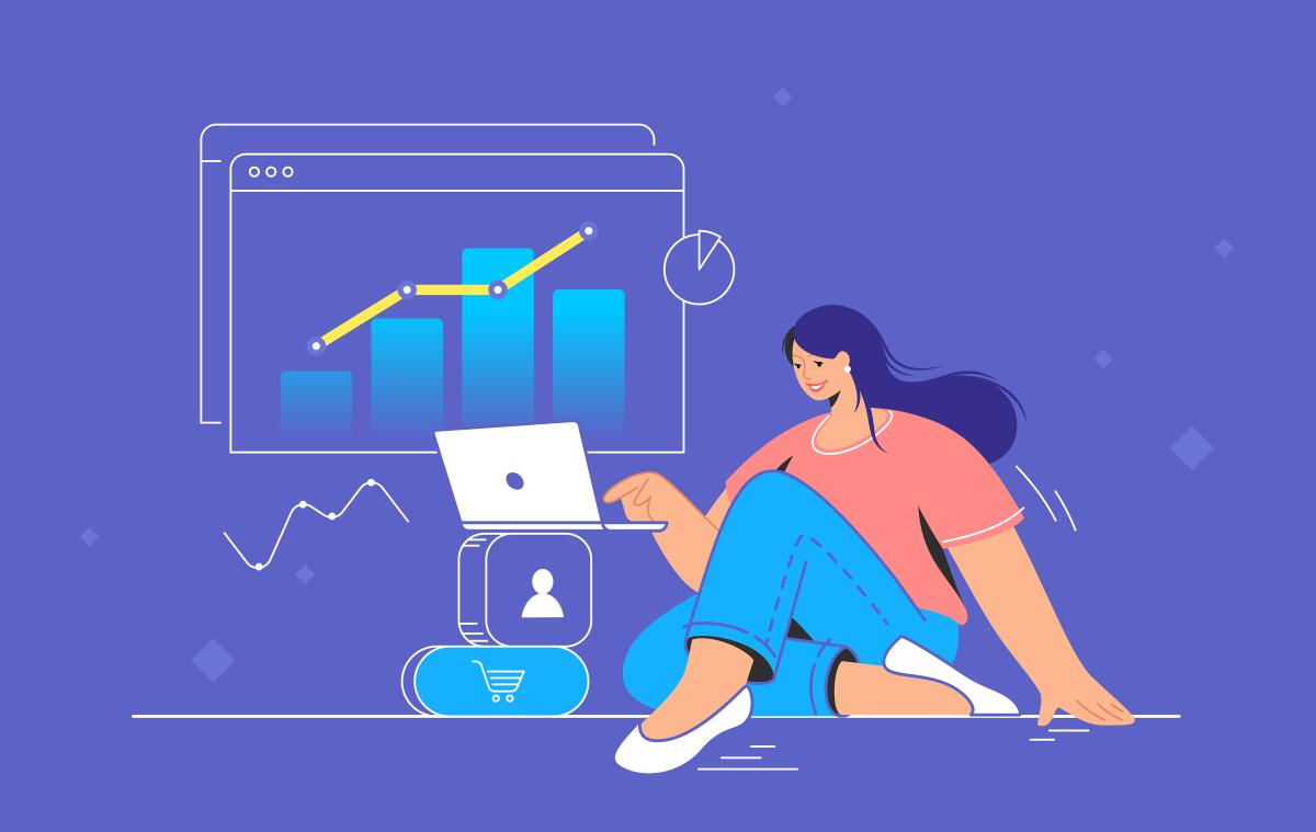 Illustration of young woman sitting with laptop and working with graphs.