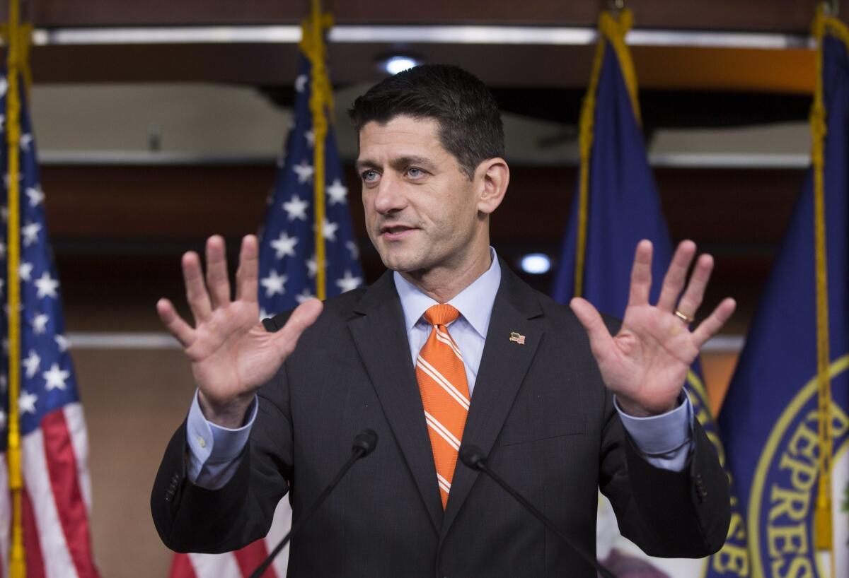 House Speaker Paul Ryan speaks in the US Capitol after the House passed the Highway Bill, in Washington on November 5.