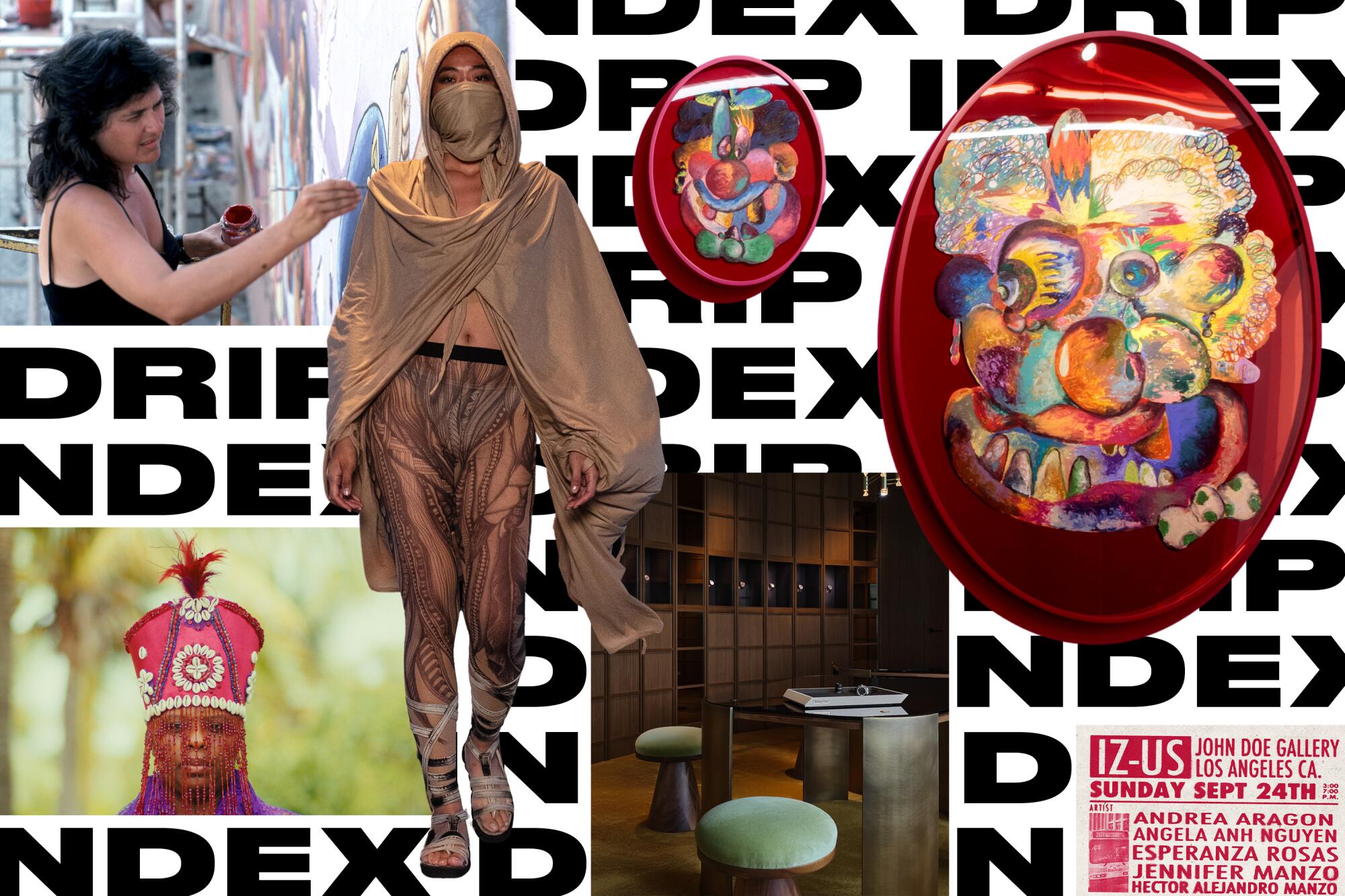 A collage of fashion, furniture and artifacts
