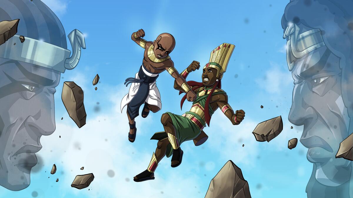 Two characters from "Black Sands: The Seven Kingdoms" fight a battle in midair between two figures of deities.
