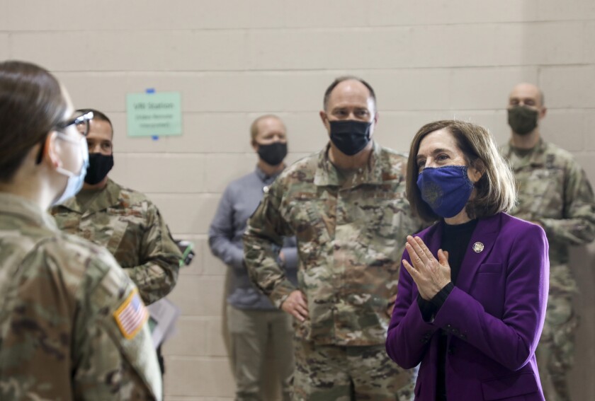 Oregon Gov. Kate Brown meets with National Guard troops