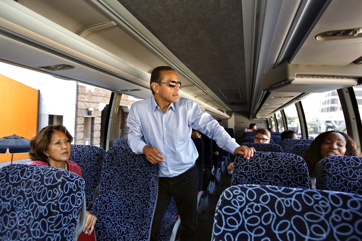 Villaraigosa rides a bus on his farewell tour of the city.
