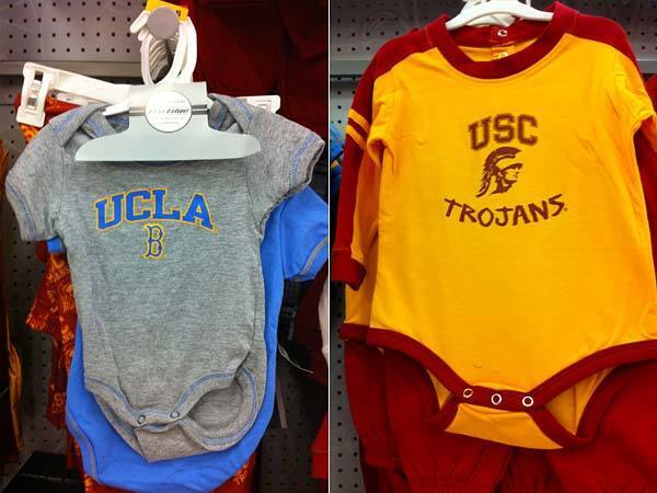 College spirit UCLA / USC baby clothes, Target Shamelessly start building school spirit in the little one while he or she is still young. Little Tommy Trojan can flaunt cardinal and gold onesies and sweats ($19.99), while across town, little Joe Bruin can sport True Blue with a set of two onesies ($11.99). (Not available online; in stock at select L.A. Target stores.)