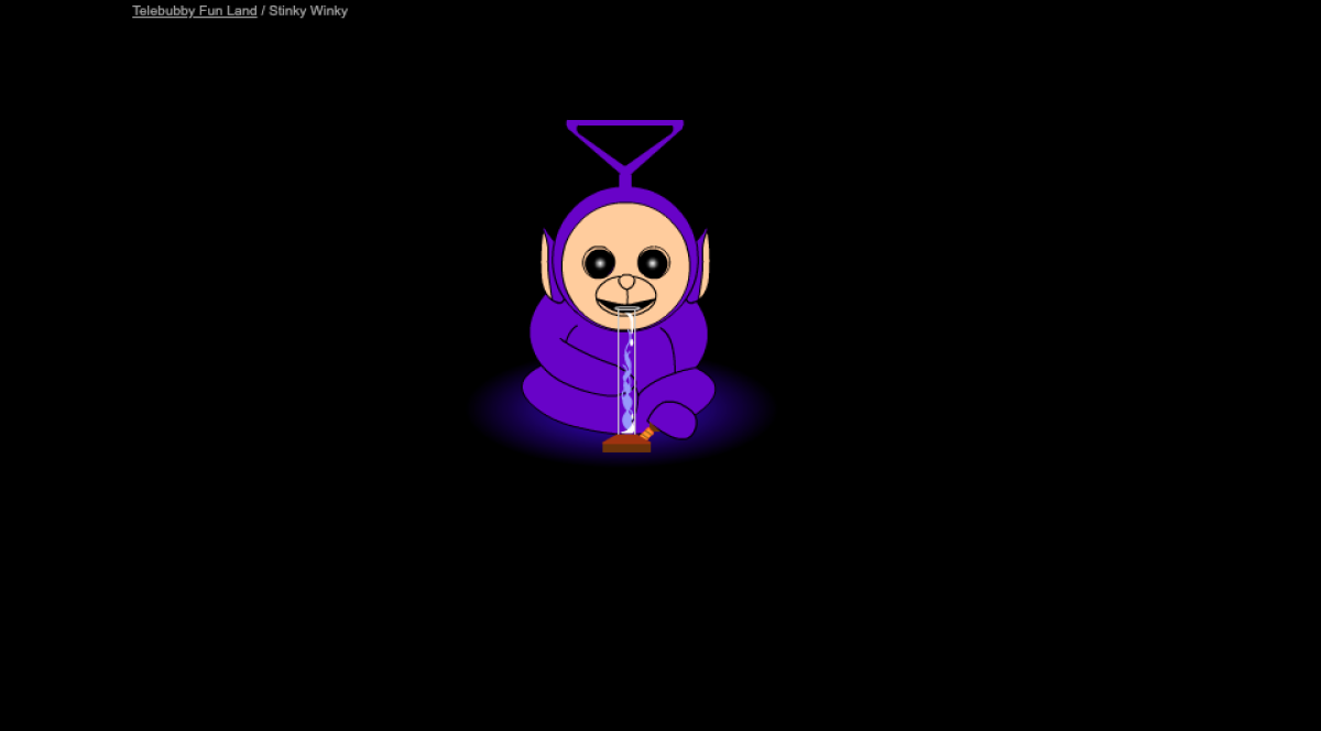 A screengrab shows a purple Teletubby character surrounded by a black background taking a hit off a bong. 