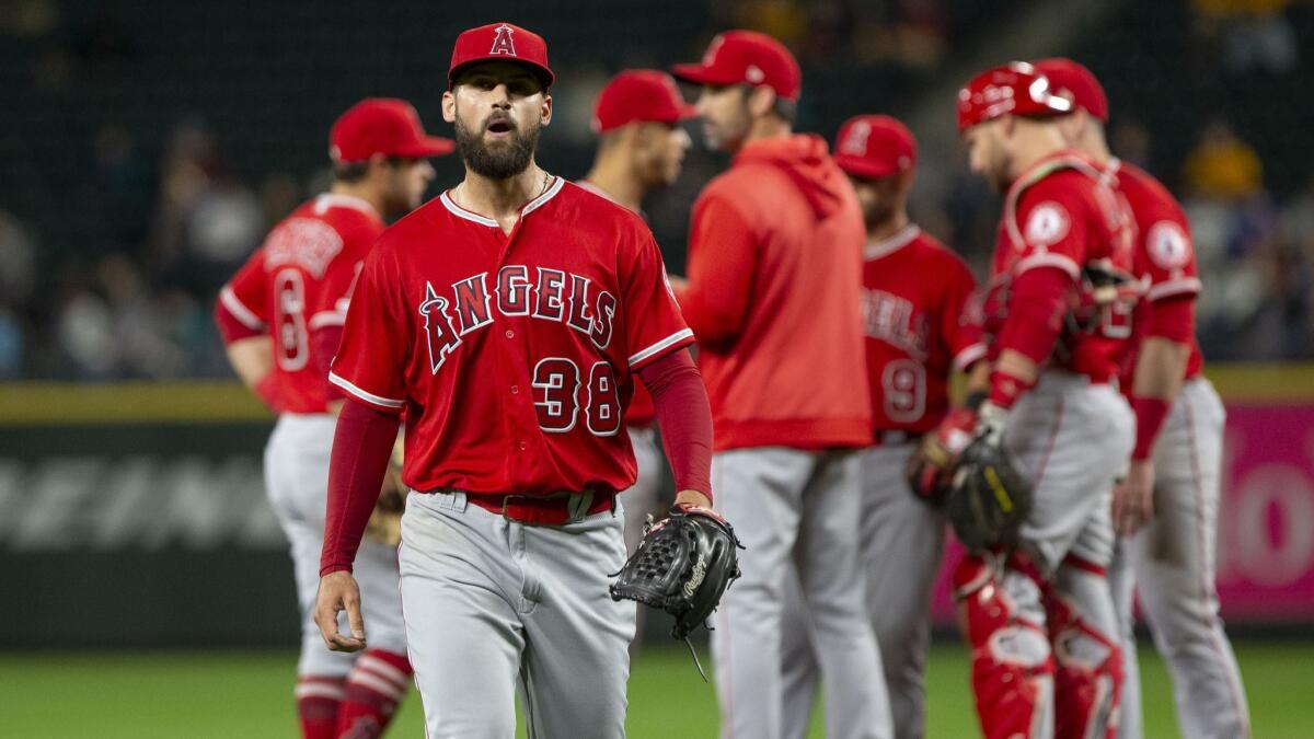 Angels pitcher Justin Anderson walks off the mound after being relieved against the Mariners on April 1.