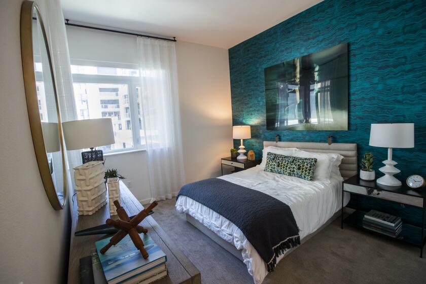 LONG BEACH, CA - APRIL 28, 2021: Overall, shows the master bedroom inside a two bedroom apartment at the Oceanaire apartments, a luxury apartment complex in Long Beach. (Mel Melcon / Los Angeles Times)