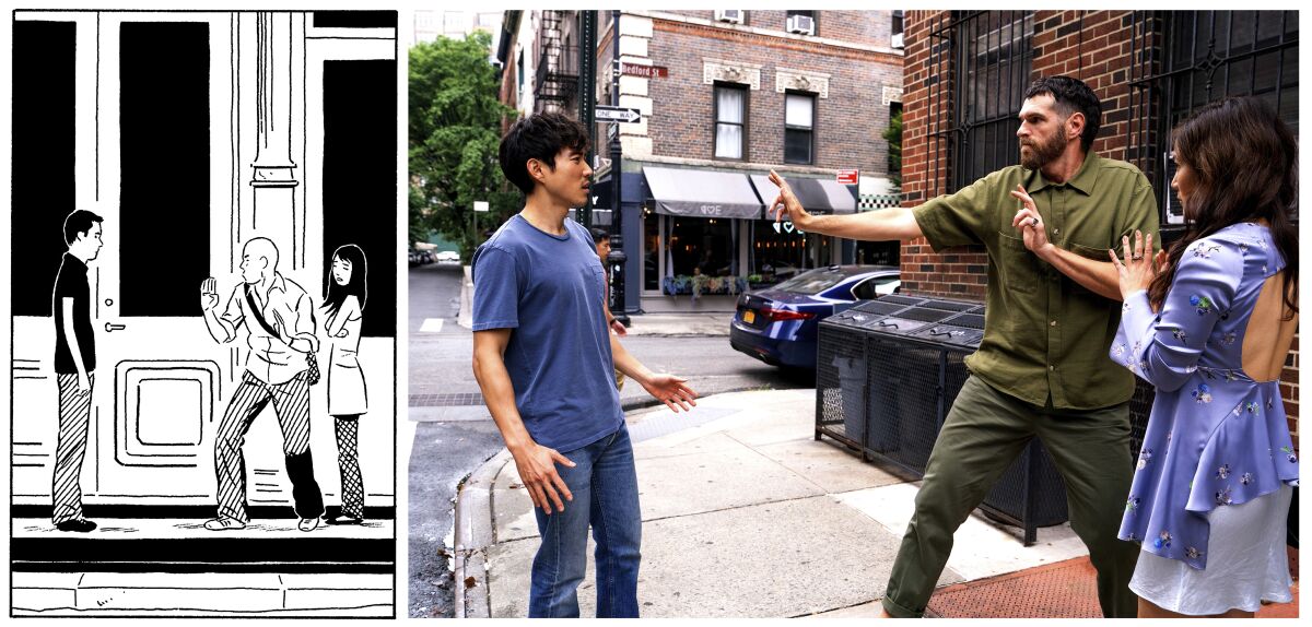 A panel from Adrian Tomine's graphic novel "Shortcomings," left, and actors in the film adaptation.