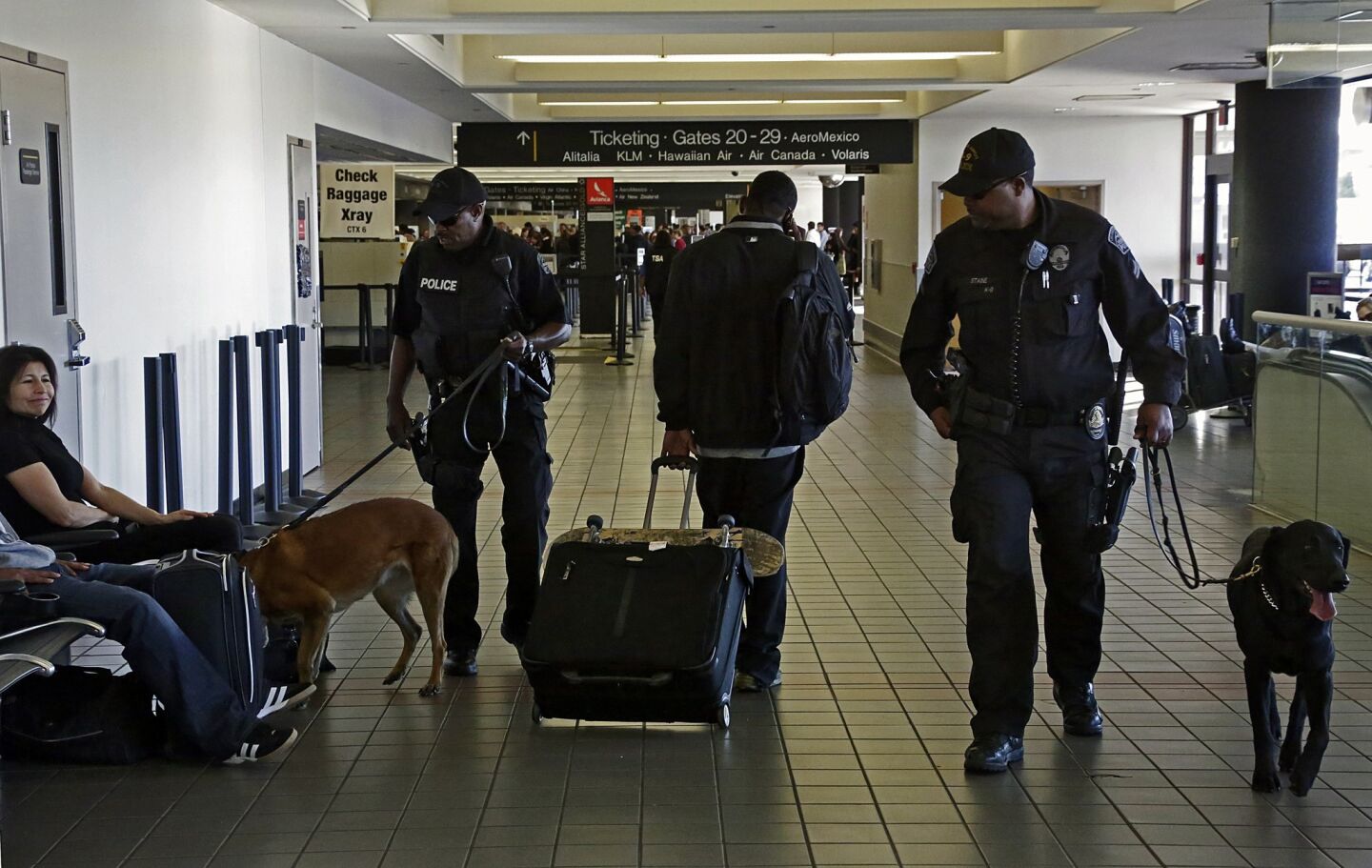 Los Angeles Airport police patrol with dogs in Terminal 3 a day after the shooting.