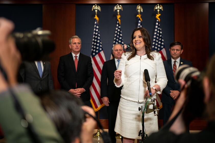 WASHINGTON, DC - MAY 14: Rep. Elise Stefanik (R-NY) speaks during a news conference after the GOP Conference Chair election on Capitol Hill on Friday, May 14, 2021 in Washington, DC. House Republicans formally selected Rep. Elise Stefanik (R-NY) Friday to replace Rep. Liz Cheney (R-WY). (Kent Nishimura / Los Angeles Times)