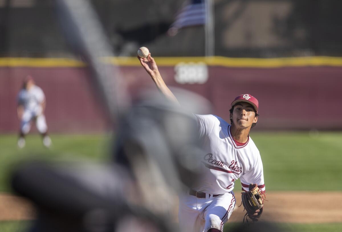 Ocean View High's Gavin Kennedy, shown pitching against Segerstrom on March 15, threw 10 innings in the Seahawks 2-1 extra-inning loss in the quarterfinals of the CIF Southern Section Division 3 playoffs at La Canada Friday.
