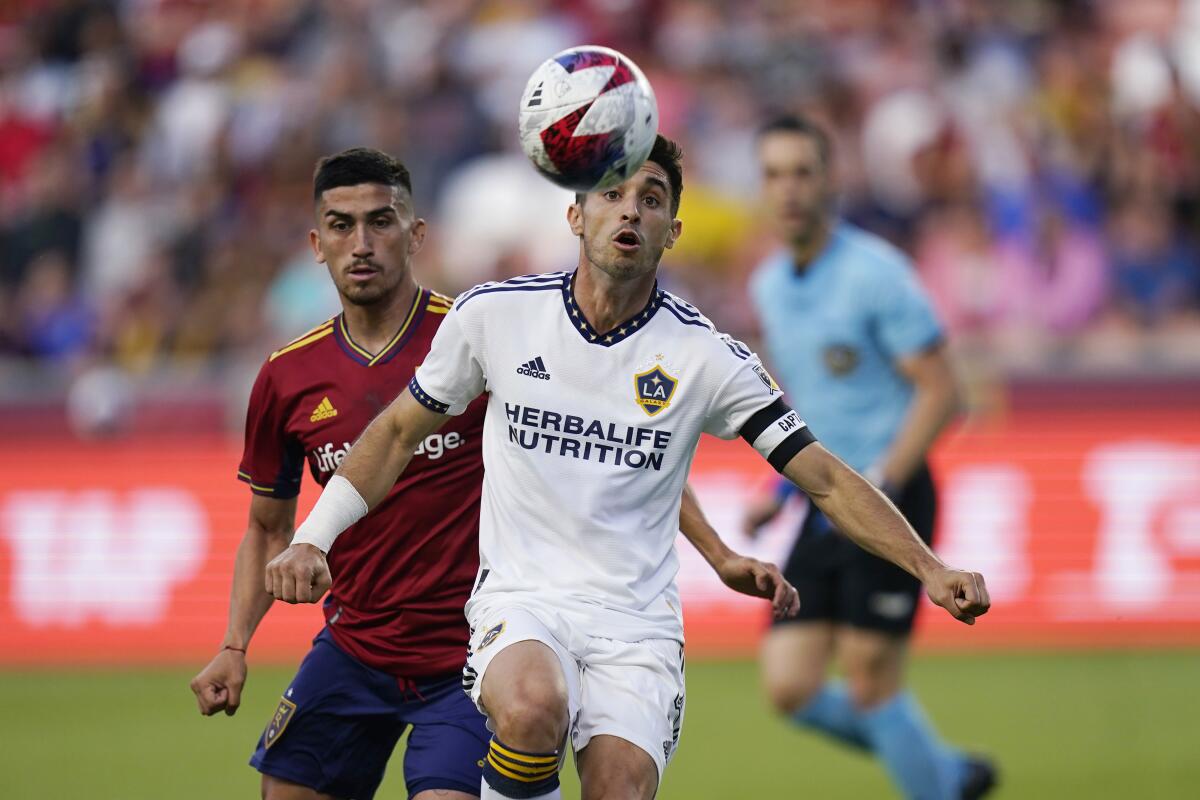 Galaxy midfielder Gastón Brugman tries to control the ball against Real Salt Lake.