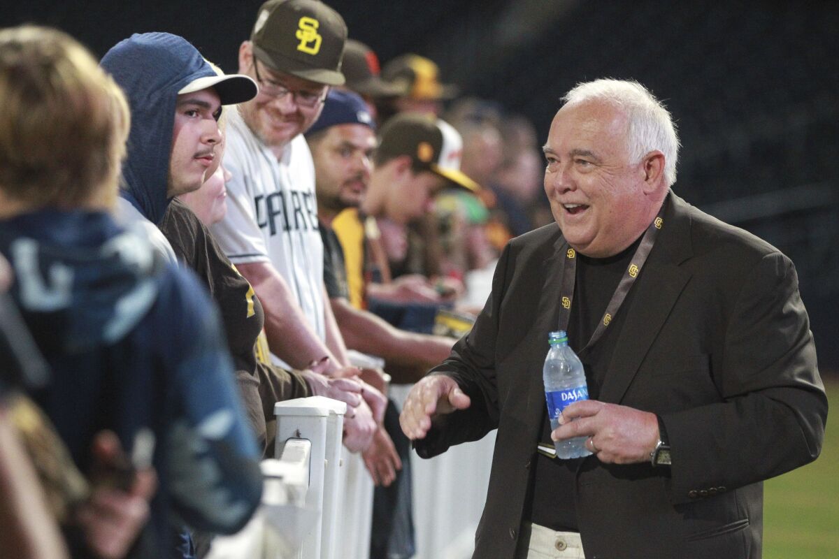 Ron Fowler greets fans during the event at which the Padres unveiled their new uniforms in 2019 