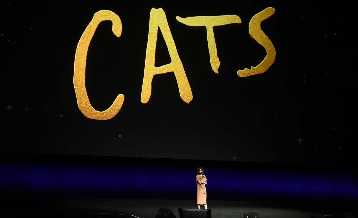 Donna Langley, chairman of the Universal Filmed Entertainment Group, announces the upcoming release of "Cats" based on the musical, during the Universal Pictures presentation at CinemaCon 2019 in Las Vegas.