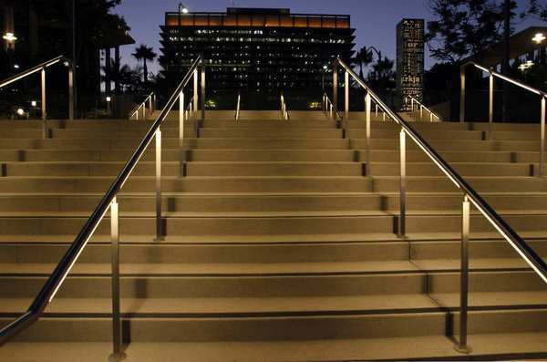 Steps in the park lead up to Grand Avenue on Bunker Hill. The 12-acre rectangle has been renovated at a cost of $56 million.