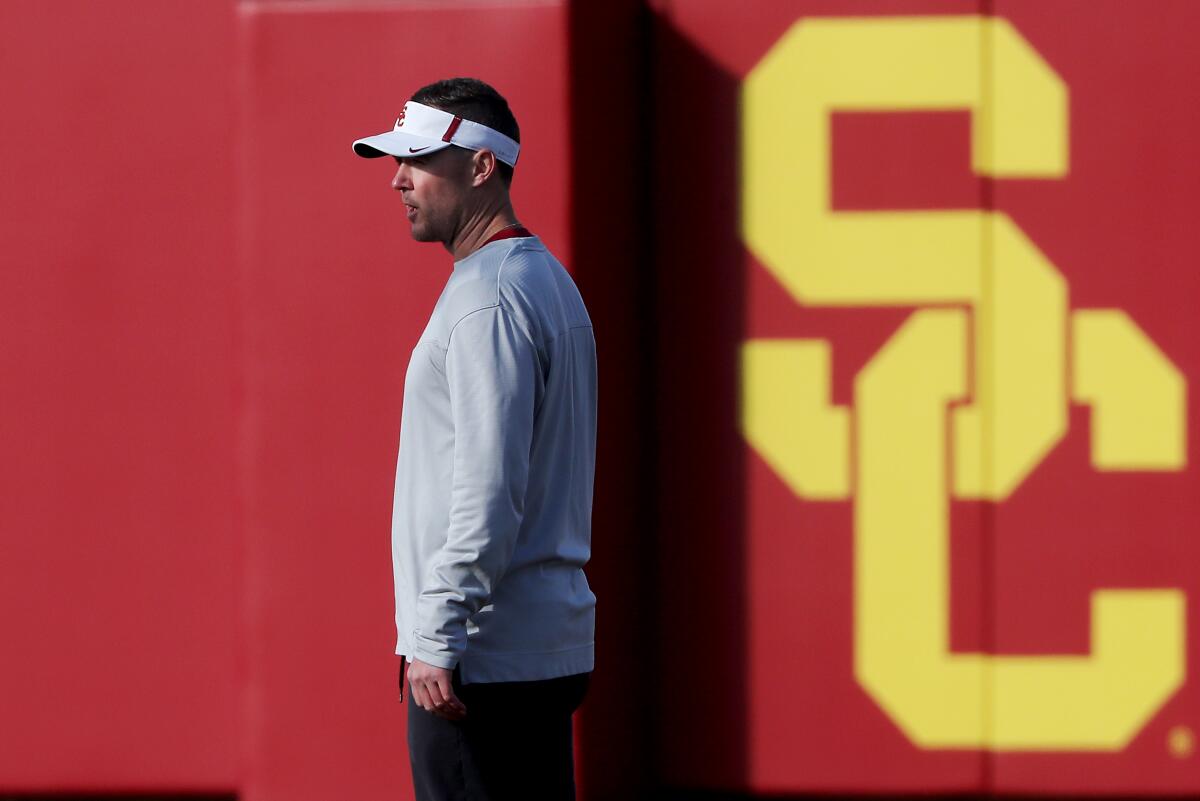 USC coach Lincoln Riley watches spring practice in March.