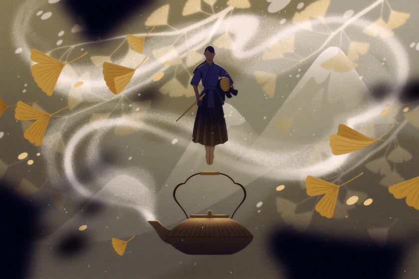 A figure hovers above a tea pot surrounded by wisps of steam and gingko leaves