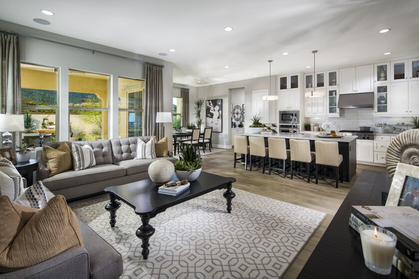 Single-family homes in the Candela neighborhood of Rancho Tesoro have spacious, open interiors and living areas that seamlessly blend from one room to the next.