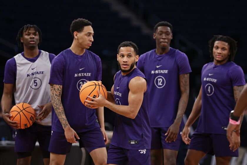 Kansas State guard Markquis Nowell, front center, practices before a Sweet 16 college basketball game at the NCAA East Regional of the NCAA Tournament, Wednesday, March 22, 2023, in New York. (AP Photo/Adam Hunger)