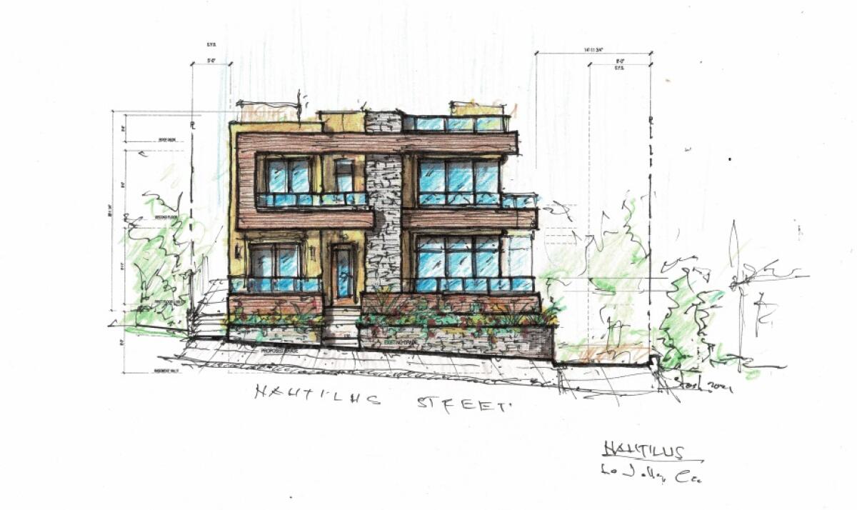 A rendering depicts a residential development planned for Nautilus Street across from La Jolla High School.