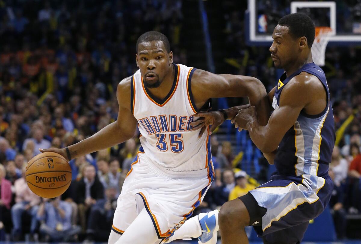 Oklahoma City forward Kevin Durant had 26 points with 10 rebounds against Memphis in the Thunder's 105-89 win over the Grizzlies on Wednesday at Chesapeake Energy Arena.