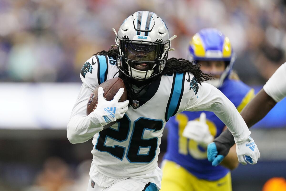 Carolina Panthers cornerback Donte Jackson scores on an interception return against the Rams in the second quarter.