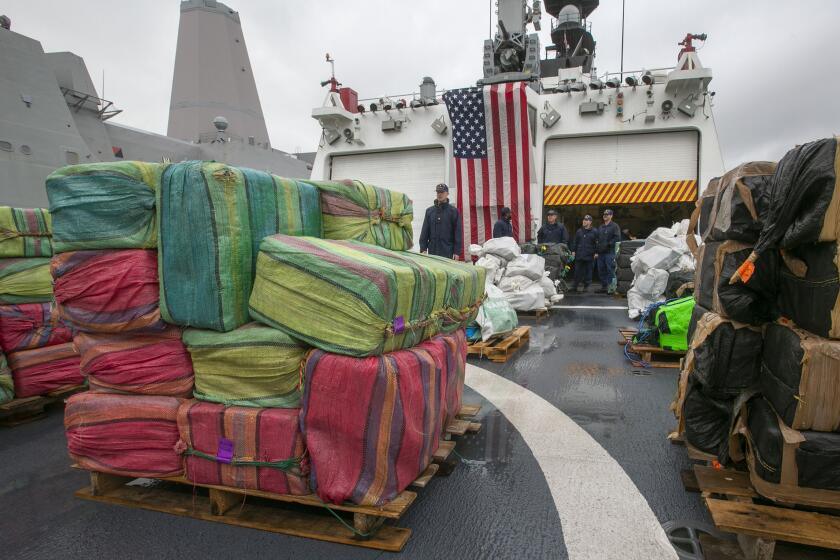 The crew of the Coast Guard Cutter Munro offloaded 20,000 pounds of uncut cocaine seized from known drug-transit zones of the Eastern Pacific Ocean worth approximately $338 million at Naval Station San Diego on Monday, February 10, 2020. Eight interdictions were made between mid-November and mid-January by the joint efforts of four separate Coast Guard cutter crews: USCG Cutter Munro, USCG CutterThetis, USCG Cutter Resolute, and USCG Cutter Tampa. The drugs were turned over the DEA .