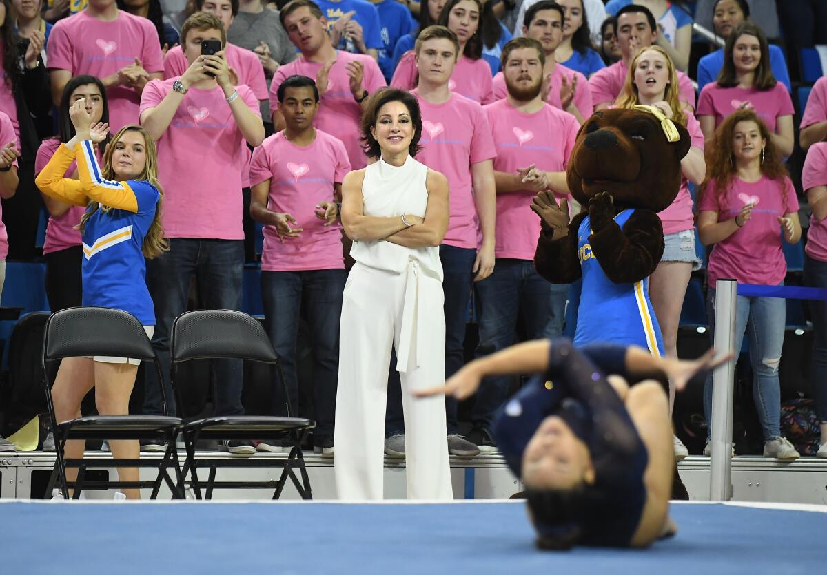 Former UCLA gymanstics coach Valorie Kondos Field watches one of his gymnasts compete during a meet at Pauley Pavilion last year.