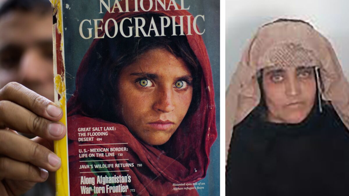Sharbat Gula, right, who appeared on the cover of a famous 1985 edition of National Geographic, left, waits ahead of a court hearing in Peshawar, Pakistan.