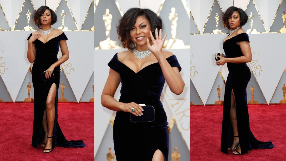 Taraji P. Henson knows how to steal a scene. She wore a custom off-the-shoulder navy velvet Alberta Ferretti gown, dazzling Nirav Modi statement necklace and Jimmy Choo shoes and bag. Henson perfectly captured the retro rewind vibe of the 2017 Oscars red carpet -- and captured a place toward the top of our best-dressed list.