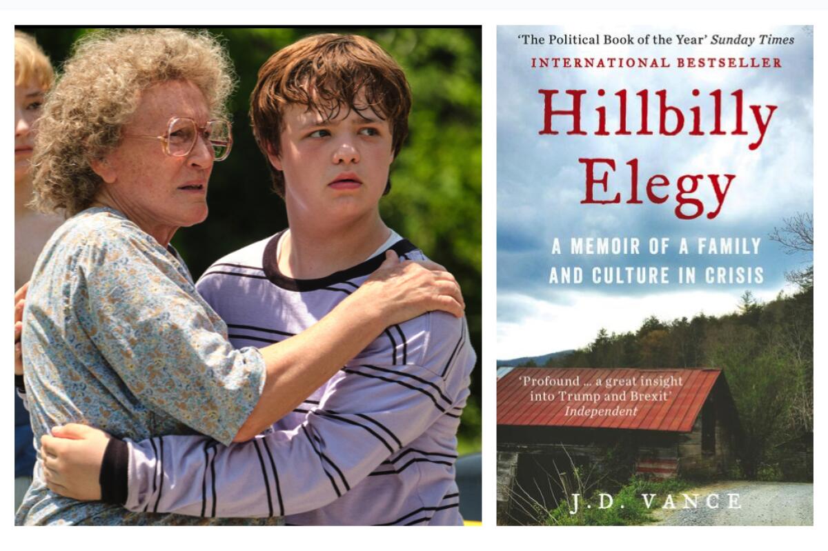 Glenn Close holds on to Owen Asztalos in the movie "Hillbilly Elegy”; the book's cover