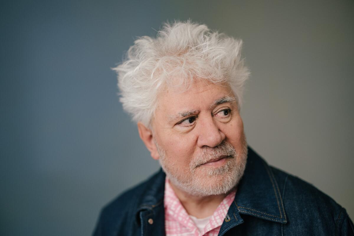 Spanish director Pedro Almodovar looks off to the side for a portrait.