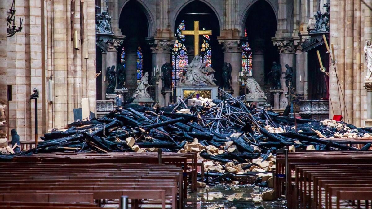 A view of the debris inside Notre Dame in Paris in the aftermath of a fire that devastated the cathedral.