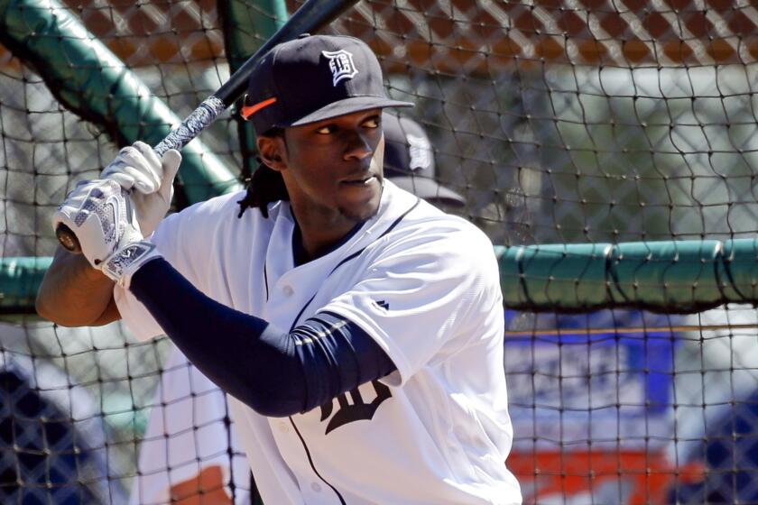 Tigers center fielder Cameron Maybin takes batting practice during a spring training workout on Feb. 27.