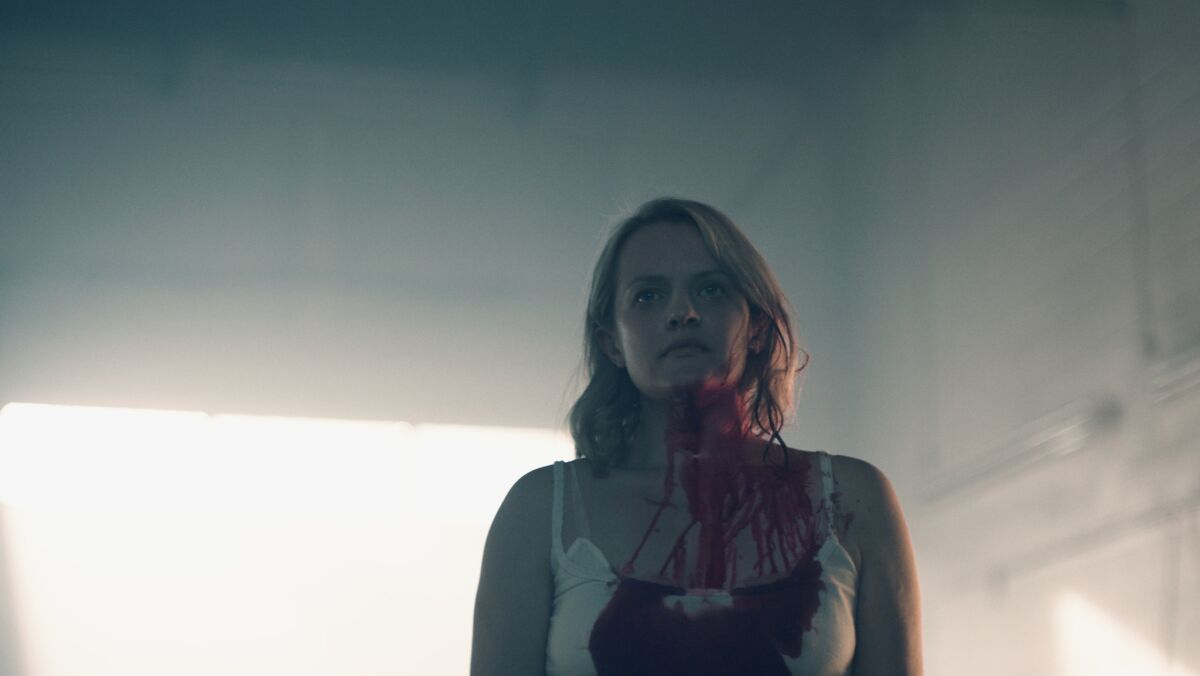 Elisabeth Moss as June in a scene from "The Handmaid's Tale," which returns with a second season shaped by the character's pregnancy and her ongoing fight to free her coming child from the dystopian horrors of Gilead.