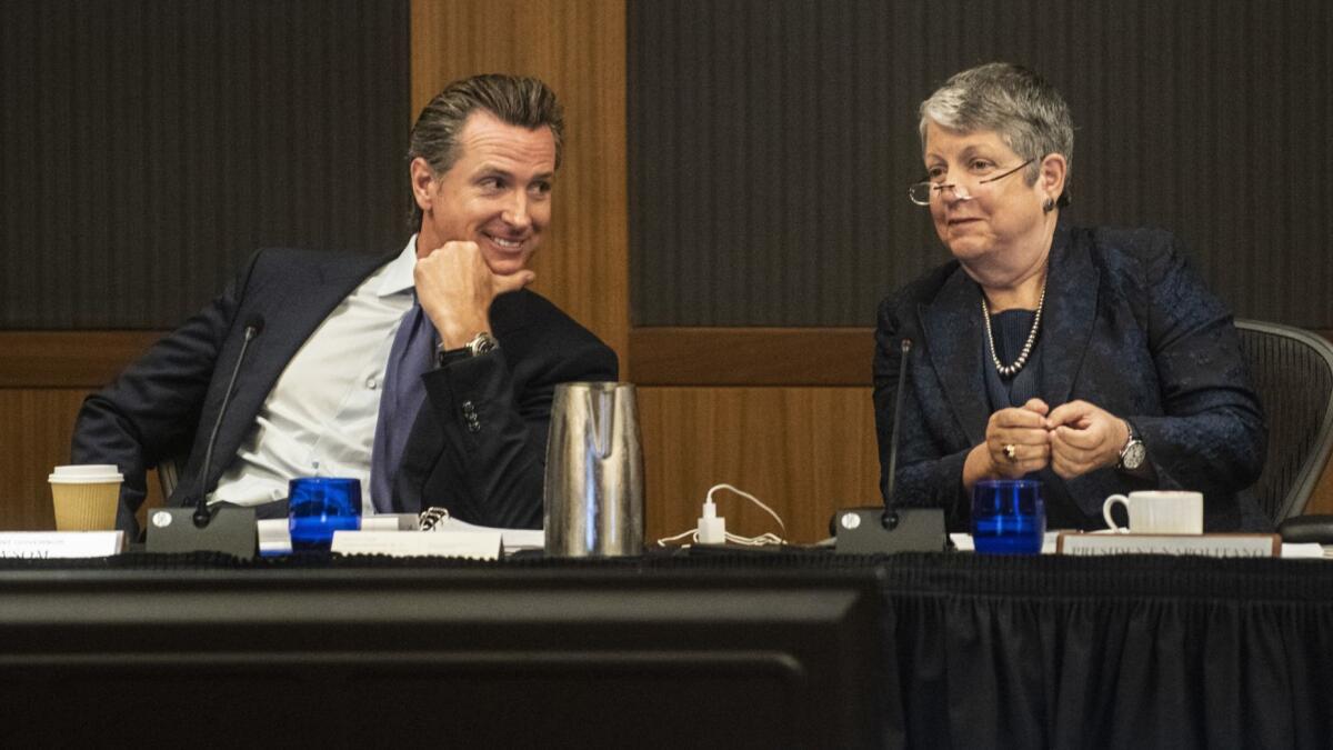 Lt. Gov. Gavin Newsom, an ex officio regent, and UC President Janet Napolitano at the UC regents meeting at UCLA's Luskin Conference Center.