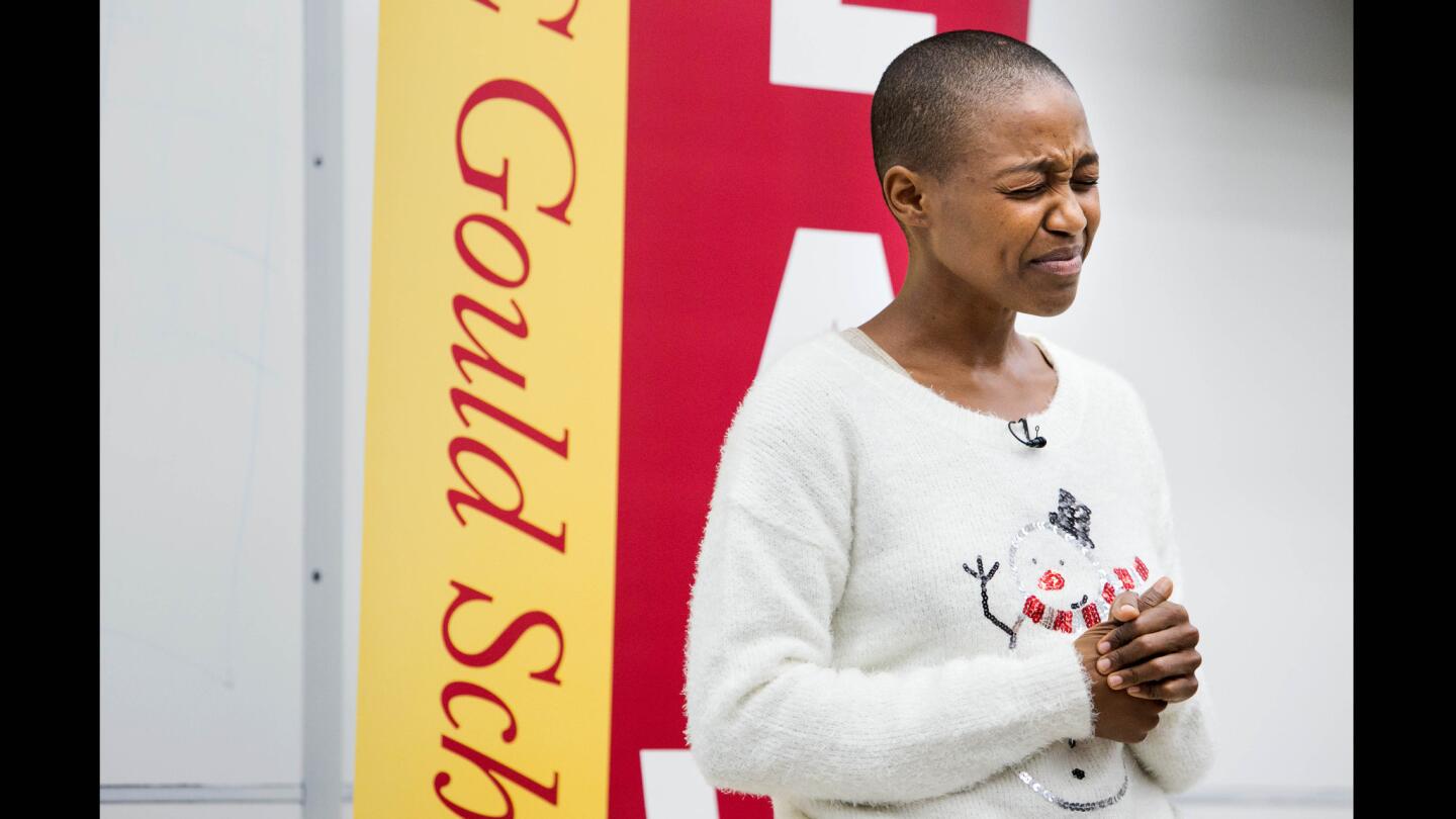 At a panel discussion at USC Gould School of Law, actress Daniele Watts closes her eyes as she recalls the events leading to her detainment by L.A. police on Sept. 11.