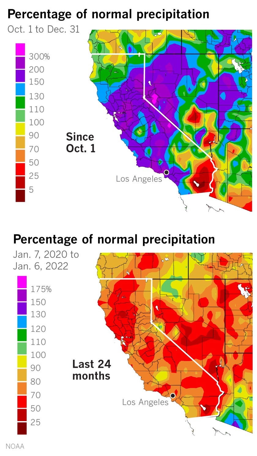 Maps show plentiful rainfall in California since Oct. 1, but deficits over the last two years.