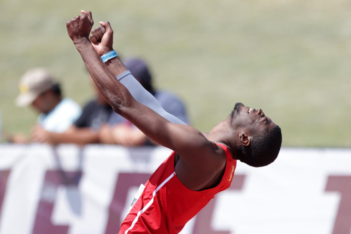 Cordell Tinch reacts after competing in the men's 110 meter high hurdles during the 2023 Mt. SAC Relays.