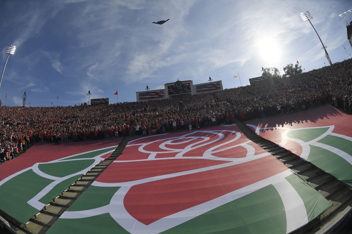 The Rose Bowl logo is seen during a B-2 fly over before Ohio State's win against Utah on Saturday.