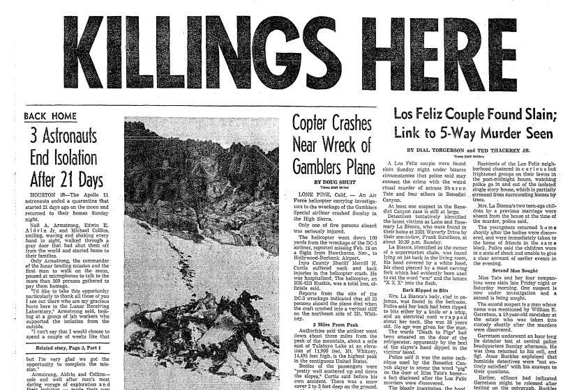 The front page of The Times on Aug. 11, 1969, when Silverlake residents Leno and Rosemary LaBianca were found dead in their home.