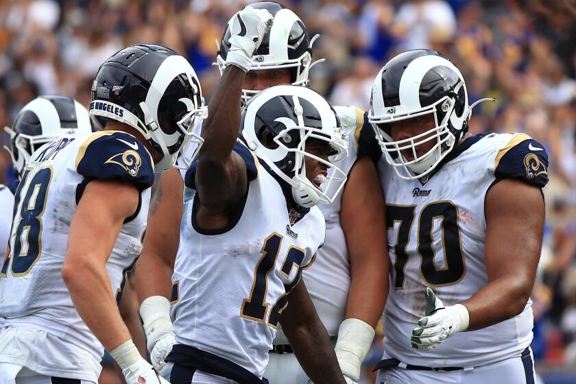 LOS ANGELES, CALIFORNIA - SEPTEMBER 15: Wide receiver Brandin Cooks #12 of the Los Angeles Rams celebrates his touchdown in the third quarter against the New Orleans Saints at Los Angeles Memorial Coliseum on September 15, 2019 in Los Angeles, California. (Photo by Meg Oliphant/Getty Images)