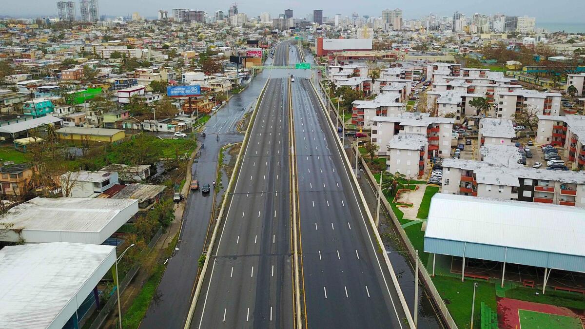 An aerial view of an empty highway in San Juan, Puerto Rico, on Sept. 21 after the island was hit by Hurricane Maria.