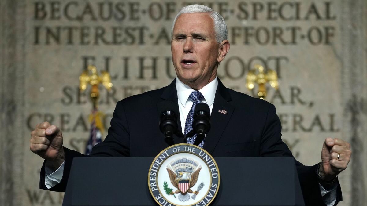 Vice President Mike Pence speaks at the Oct. 23 meeting of the National Space Council in Washington.