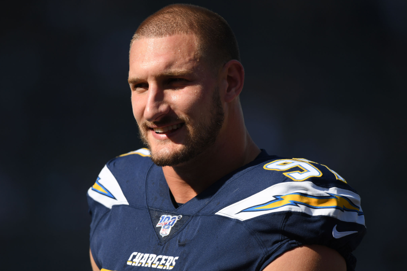 Chargers defensive end Joey Bosa on the field before a game.